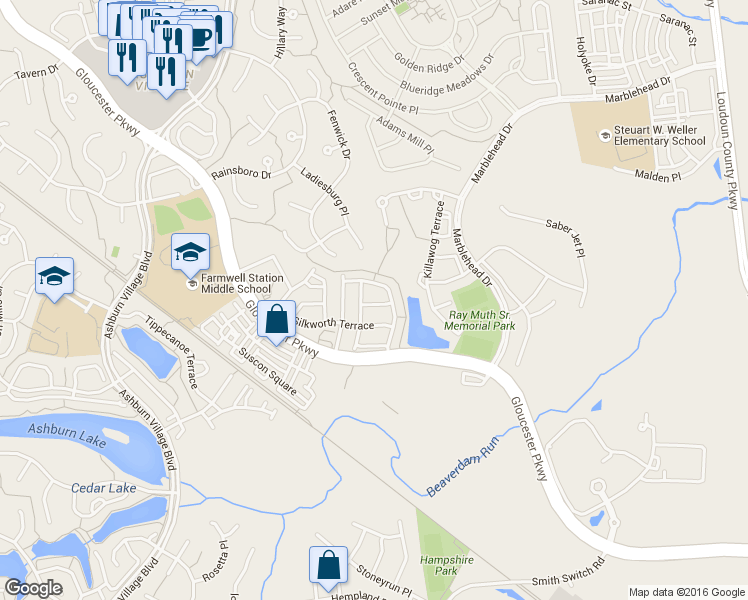 map of restaurants, bars, coffee shops, grocery stores, and more near 44382 Agawam Terrace in Ashburn