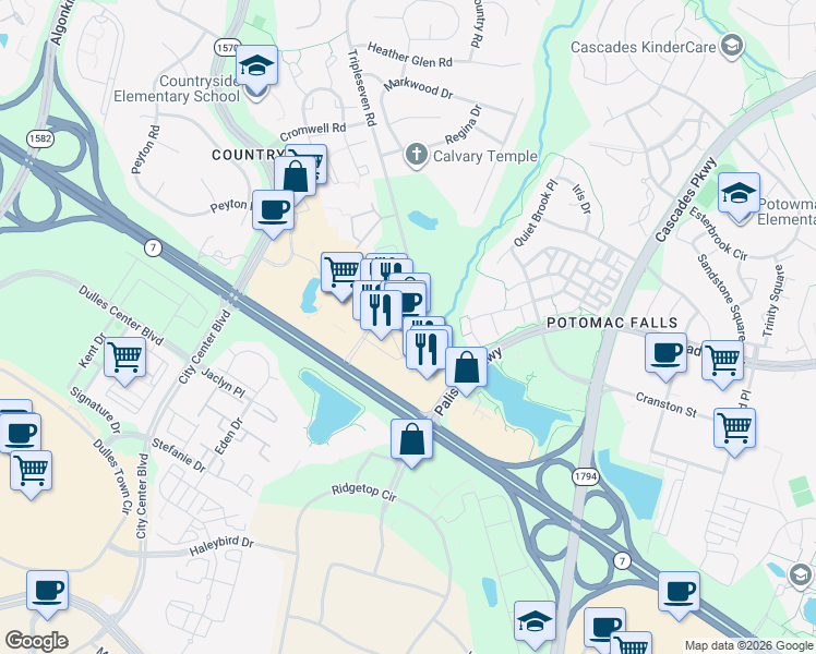 map of restaurants, bars, coffee shops, grocery stores, and more near 45999 Regal Plaza in Sterling