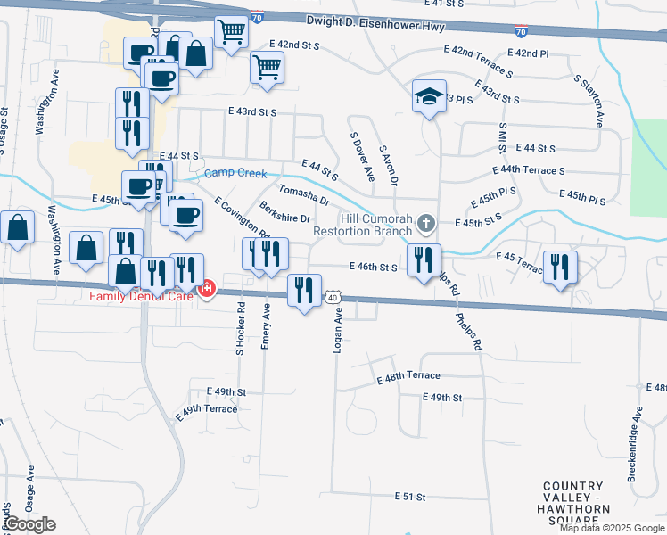 map of restaurants, bars, coffee shops, grocery stores, and more near 14711 East 46th Street South in Independence