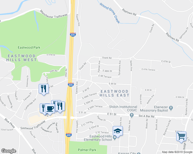 map of restaurants, bars, coffee shops, grocery stores, and more near 7604 East 49 Street in Kansas City
