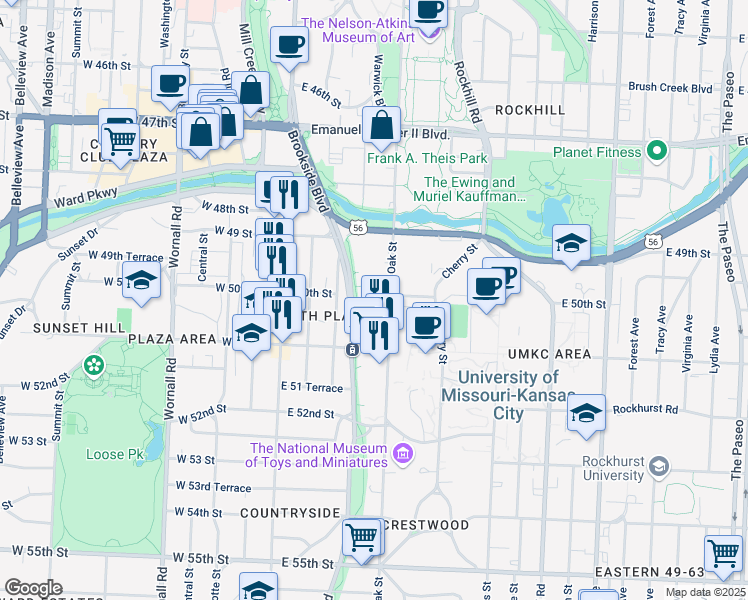map of restaurants, bars, coffee shops, grocery stores, and more near 5050 Oak Street in Kansas City