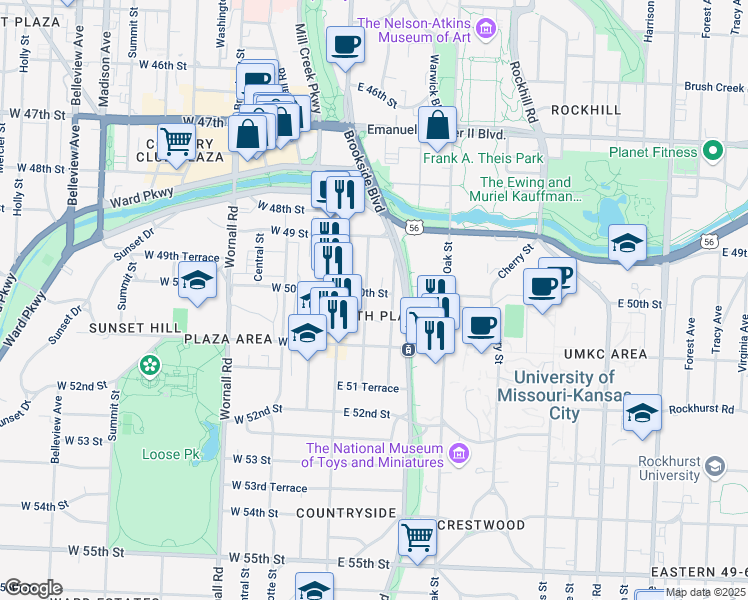 map of restaurants, bars, coffee shops, grocery stores, and more near 5017 Walnut Street in Kansas City