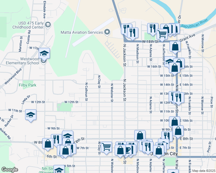 map of restaurants, bars, coffee shops, grocery stores, and more near 624 West 13th Street in Junction City