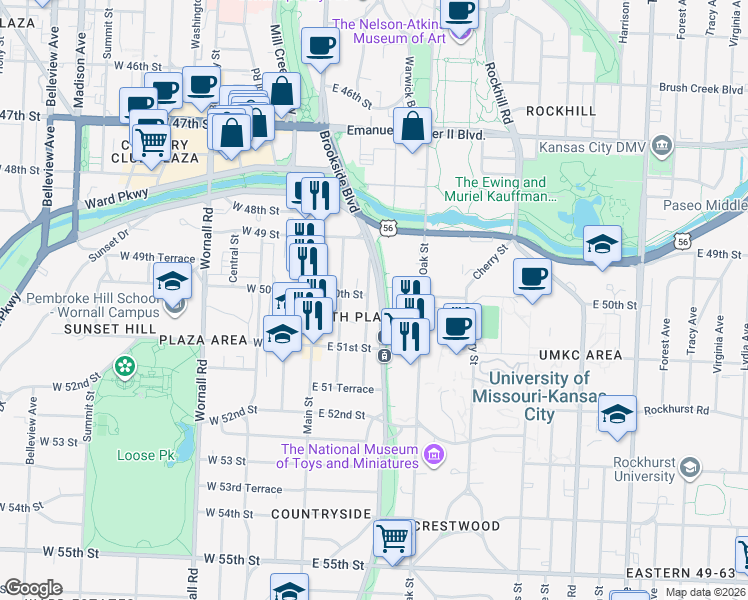 map of restaurants, bars, coffee shops, grocery stores, and more near 5001 Grand Avenue in Kansas City