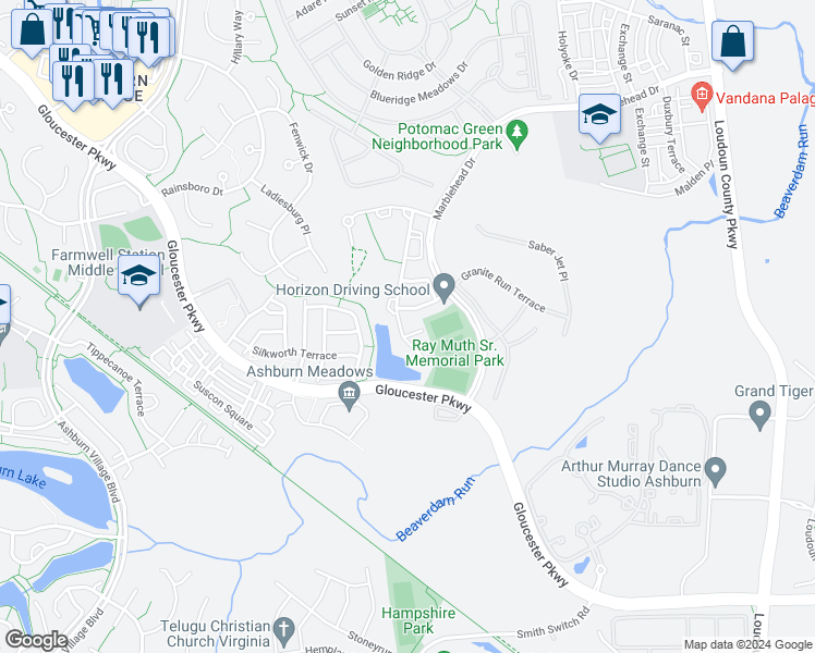 map of restaurants, bars, coffee shops, grocery stores, and more near 20924 Killawog Terrace in Ashburn