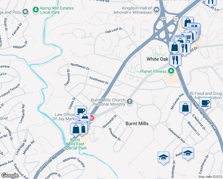 map of restaurants, bars, coffee shops, grocery stores, and more near 500 Burnt Mills Avenue in Silver Spring