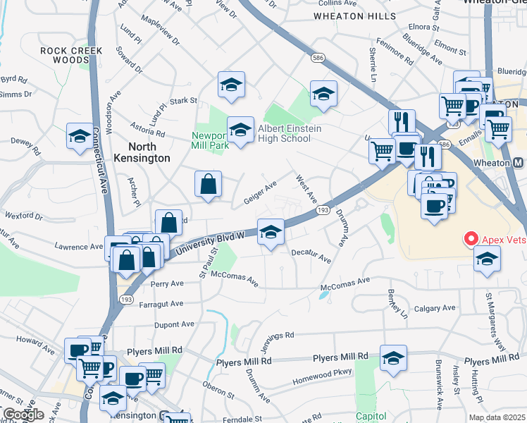 map of restaurants, bars, coffee shops, grocery stores, and more near 3333 University Boulevard West in Kensington