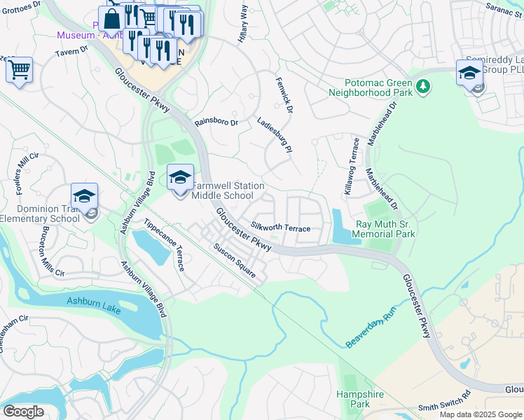 map of restaurants, bars, coffee shops, grocery stores, and more near 44296 Acushnet Terrace in Ashburn