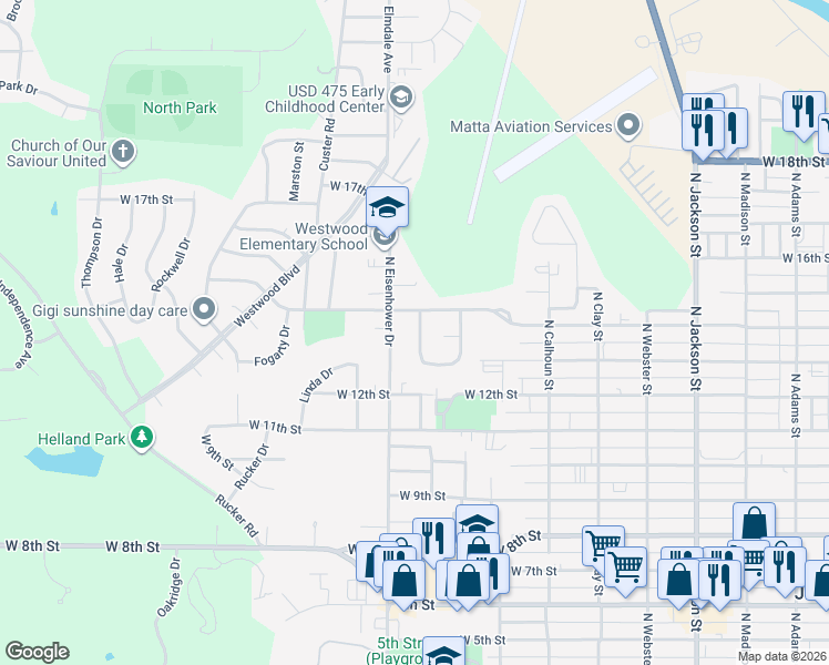 map of restaurants, bars, coffee shops, grocery stores, and more near 1391 Parkside Drive in Junction City