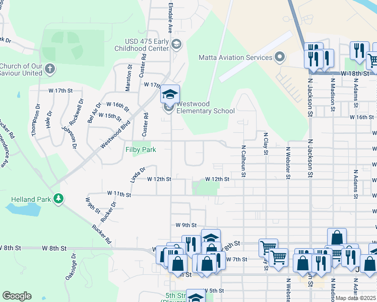 map of restaurants, bars, coffee shops, grocery stores, and more near 1378 Parkside Drive in Junction City