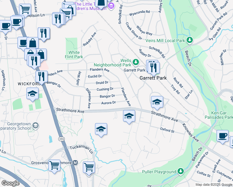 map of restaurants, bars, coffee shops, grocery stores, and more near 4907 Bangor Drive in Kensington