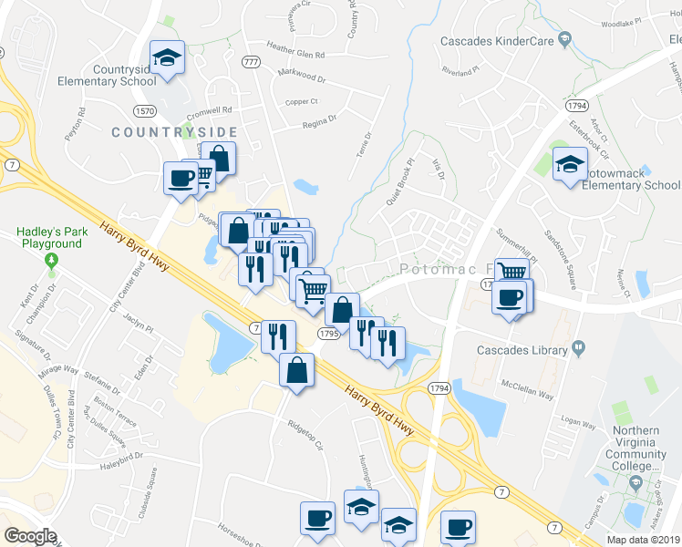 map of restaurants, bars, coffee shops, grocery stores, and more near 20931 Cherokee Terrace in Potomac Falls