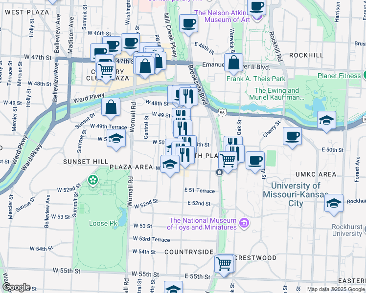 map of restaurants, bars, coffee shops, grocery stores, and more near in Kansas City