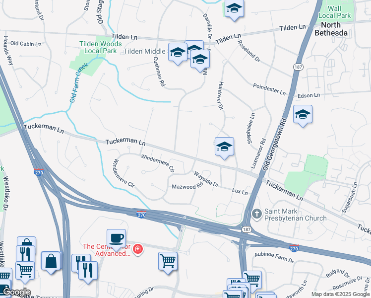 map of restaurants, bars, coffee shops, grocery stores, and more near 6211 Tuckerman Lane in Rockville