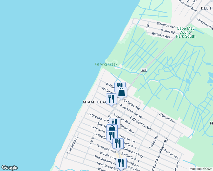 map of restaurants, bars, coffee shops, grocery stores, and more near 112 West Miami Avenue in Villas
