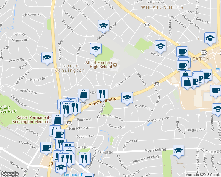 map of restaurants, bars, coffee shops, grocery stores, and more near 11015 Kensington Blvd in Kensington