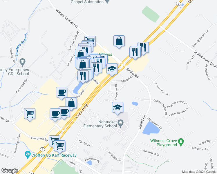 map of restaurants, bars, coffee shops, grocery stores, and more near 2408 Ogden Way in Gambrills