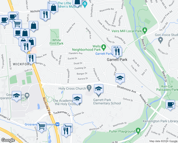 map of restaurants, bars, coffee shops, grocery stores, and more near 4907 Bangor Drive in Kensington