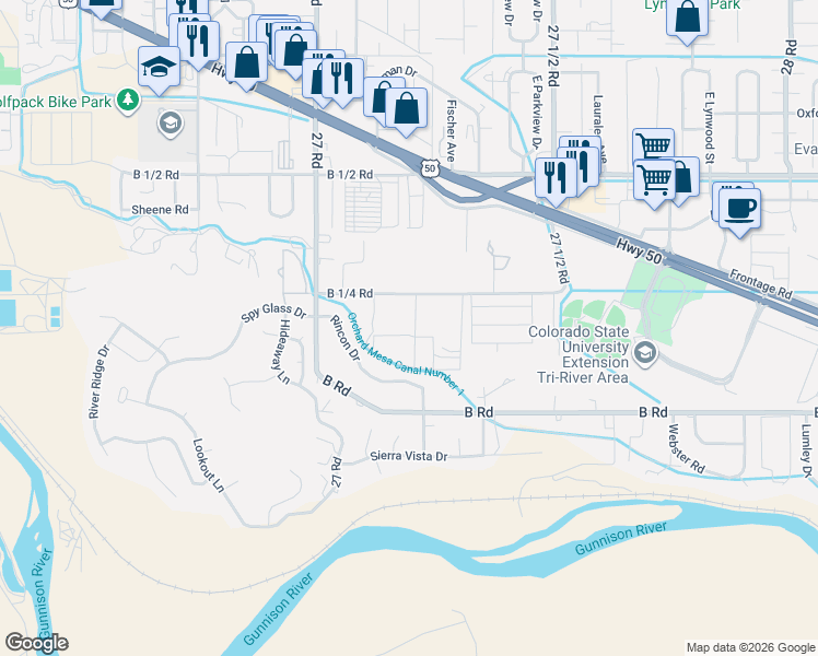 map of restaurants, bars, coffee shops, grocery stores, and more near 217 Gigax Lane in Grand Junction