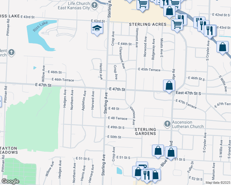 map of restaurants, bars, coffee shops, grocery stores, and more near 11204 East 47 Terrace in Kansas City