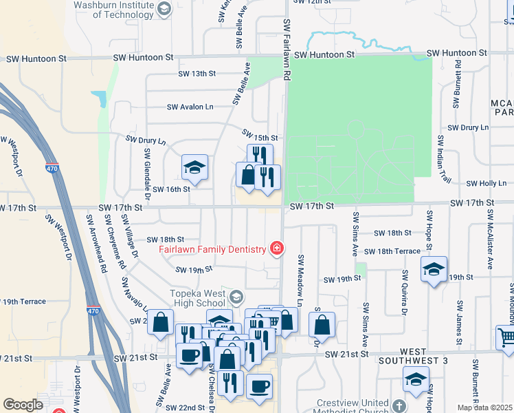 map of restaurants, bars, coffee shops, grocery stores, and more near 1713 Southwest Amhurst Road in Topeka