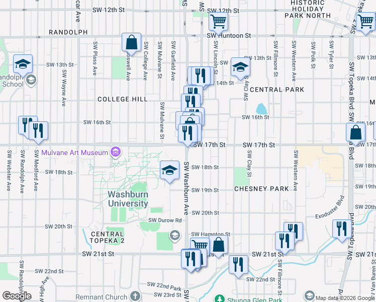 map of restaurants, bars, coffee shops, grocery stores, and more near 1722 Southwest Washburn Avenue in Topeka