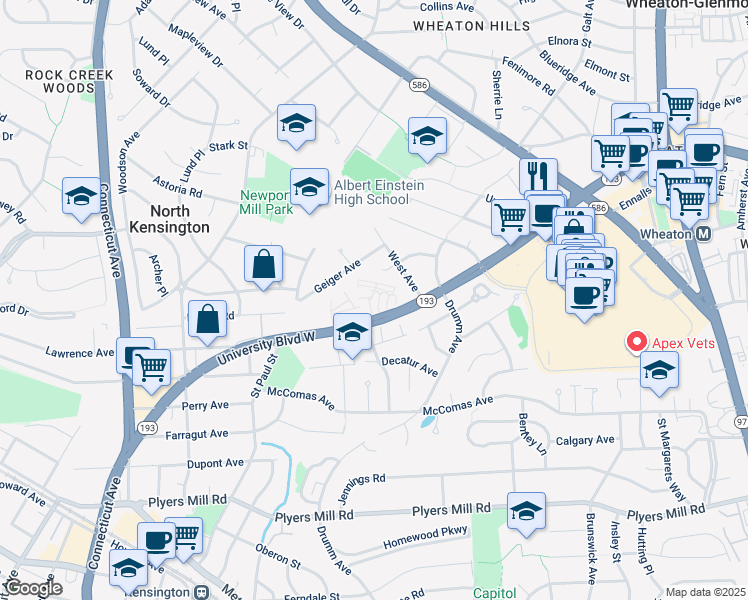 map of restaurants, bars, coffee shops, grocery stores, and more near 3127 University Boulevard West in Kensington
