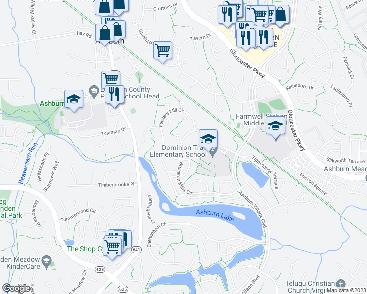 map of restaurants, bars, coffee shops, grocery stores, and more near 43949 Bruceton Mills Circle in Ashburn