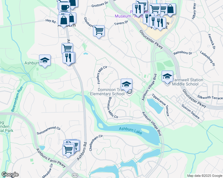 map of restaurants, bars, coffee shops, grocery stores, and more near 43949 Bruceton Mills Circle in Ashburn