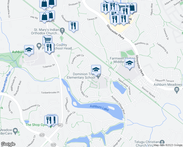 map of restaurants, bars, coffee shops, grocery stores, and more near 20944 Rootstown Terrace in Ashburn
