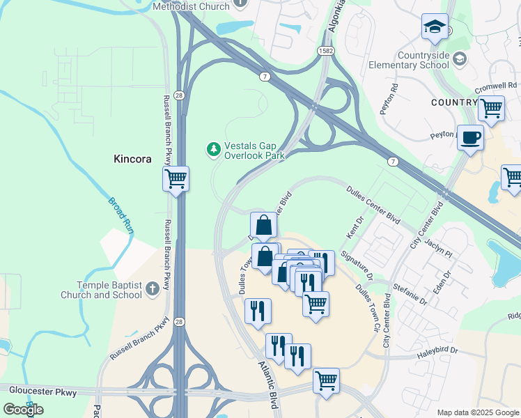 map of restaurants, bars, coffee shops, grocery stores, and more near 45500 Majestic Drive in Sterling