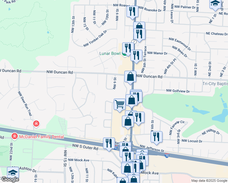map of restaurants, bars, coffee shops, grocery stores, and more near 1704 Northwest 9 Street in Blue Springs