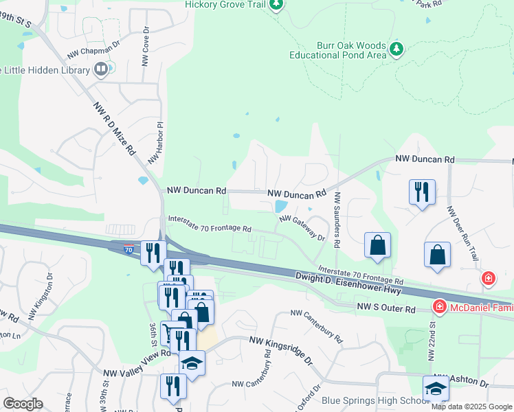 map of restaurants, bars, coffee shops, grocery stores, and more near 3170 Northwest Jefferson Street in Blue Springs