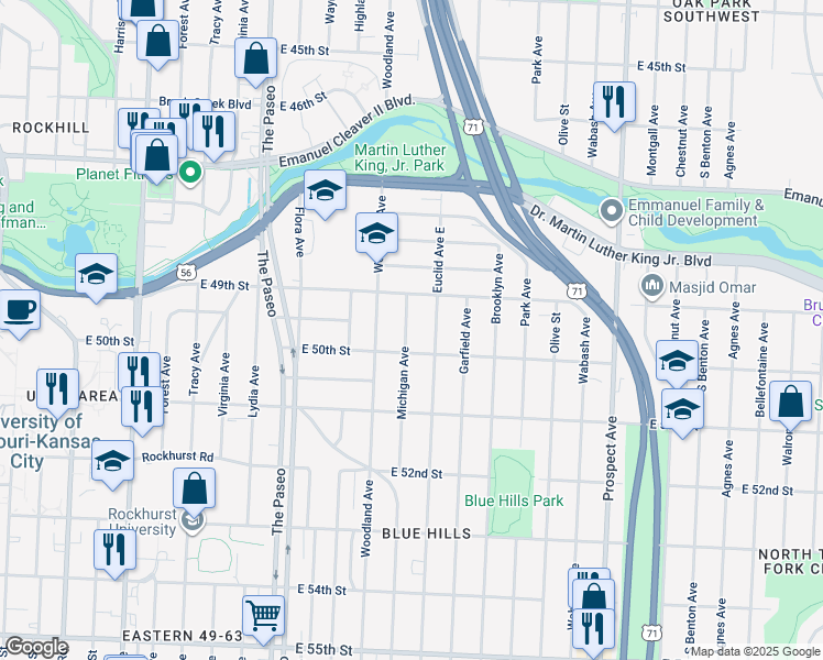 map of restaurants, bars, coffee shops, grocery stores, and more near 4929 Michigan Avenue in Kansas City
