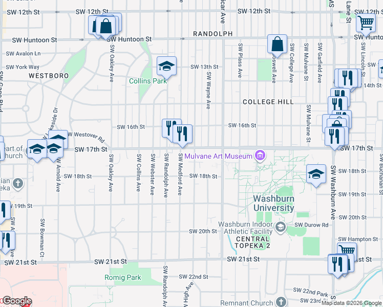 map of restaurants, bars, coffee shops, grocery stores, and more near 1727 Southwest High Avenue in Topeka
