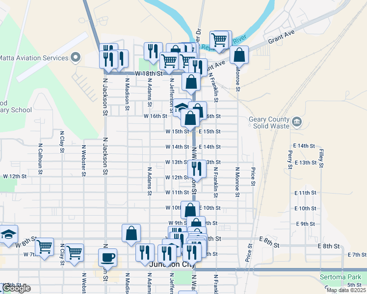 map of restaurants, bars, coffee shops, grocery stores, and more near 119 West 14th Street in Junction City
