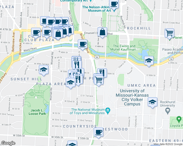 map of restaurants, bars, coffee shops, grocery stores, and more near Grand Ave & E 50th St in Kansas City