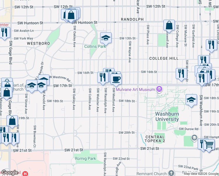 map of restaurants, bars, coffee shops, grocery stores, and more near 1724 Southwest Randolph Avenue in Topeka