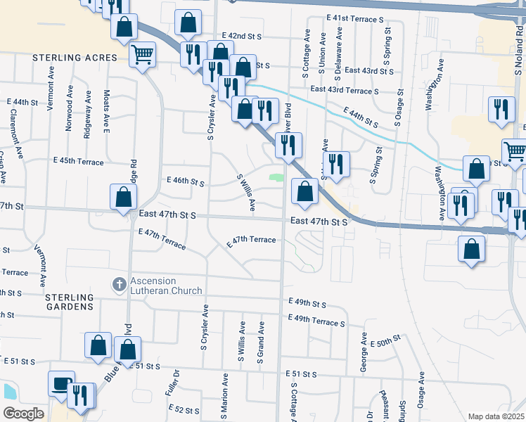 map of restaurants, bars, coffee shops, grocery stores, and more near 12301 East 47th Street South in Independence