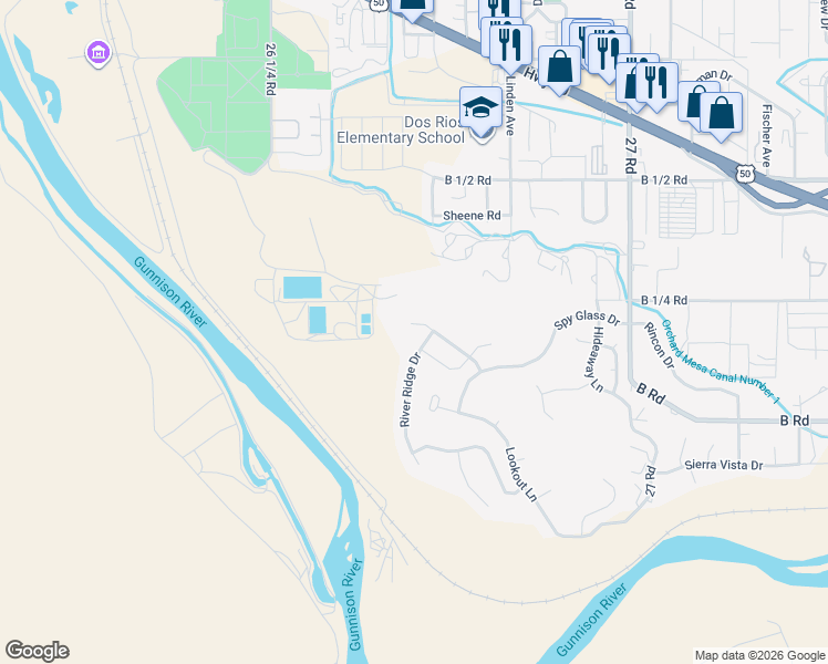 map of restaurants, bars, coffee shops, grocery stores, and more near 209 River Ridge Drive in Grand Junction