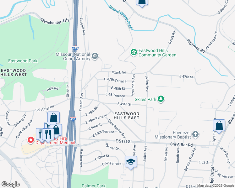 map of restaurants, bars, coffee shops, grocery stores, and more near 7809 East 48 Terrace in Kansas City