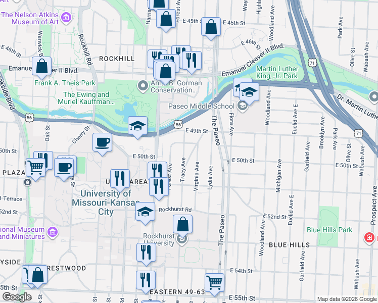 map of restaurants, bars, coffee shops, grocery stores, and more near 4955 Troostwood Road in Kansas City