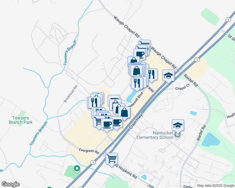 map of restaurants, bars, coffee shops, grocery stores, and more near 2604 Chapel Lake Drive in Gambrills