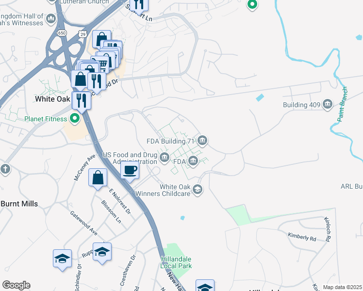 map of restaurants, bars, coffee shops, grocery stores, and more near 10903 New Hampshire Avenue in Silver Spring