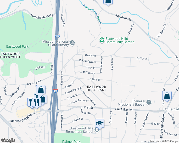 map of restaurants, bars, coffee shops, grocery stores, and more near 7809 East 48 Terrace in Kansas City