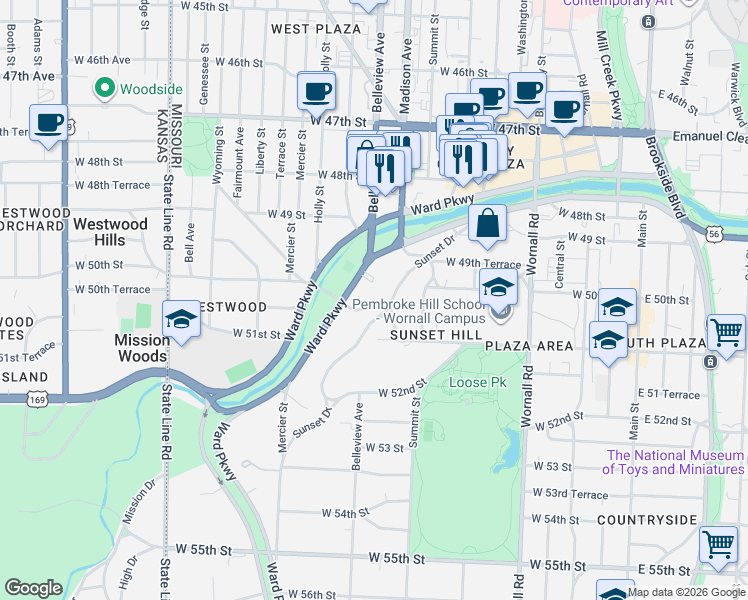 map of restaurants, bars, coffee shops, grocery stores, and more near 5060 Sunset Drive in Kansas City