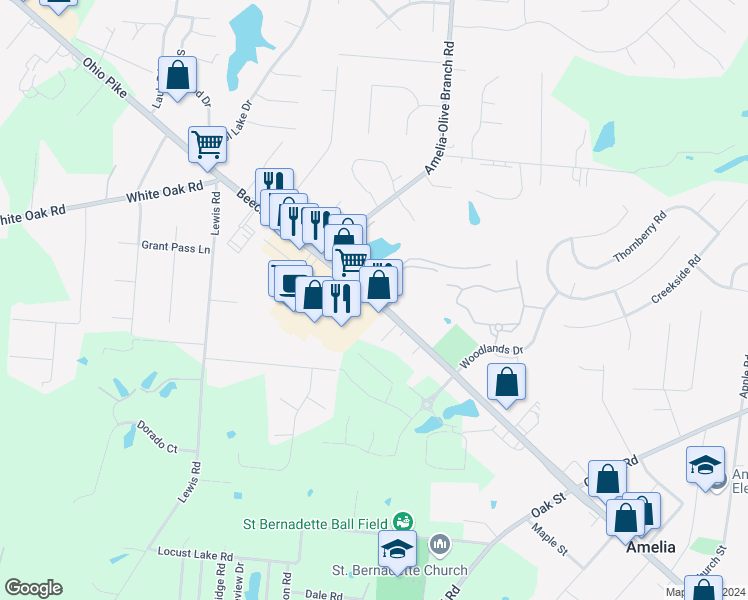 map of restaurants, bars, coffee shops, grocery stores, and more near 928 Beechmont Street in Amelia