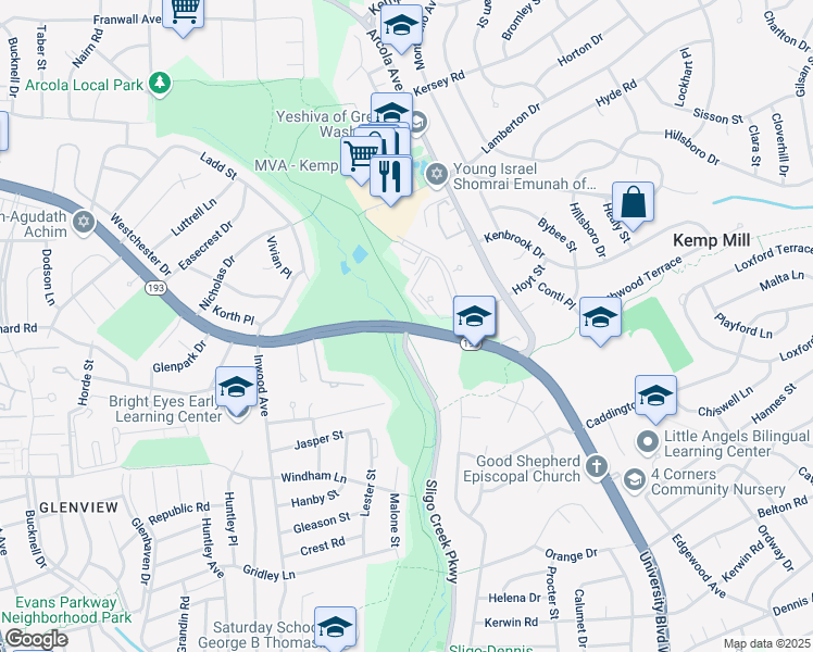map of restaurants, bars, coffee shops, grocery stores, and more near University Boulevard West & Sligo Creek Parkway in Silver Spring