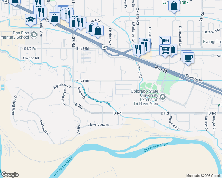 map of restaurants, bars, coffee shops, grocery stores, and more near 2733 B 1/4 Road in Grand Junction