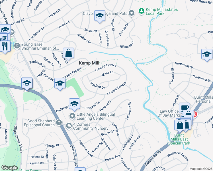 map of restaurants, bars, coffee shops, grocery stores, and more near 905 Playford Lane in Silver Spring